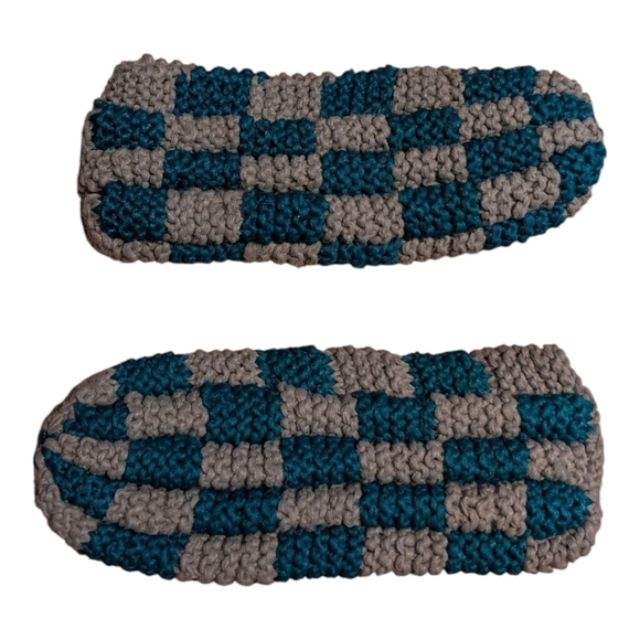 Handmade Knitted Acrylic Yarn Slippers Pantouffles Turquoise Grey - Picture 5 of 5